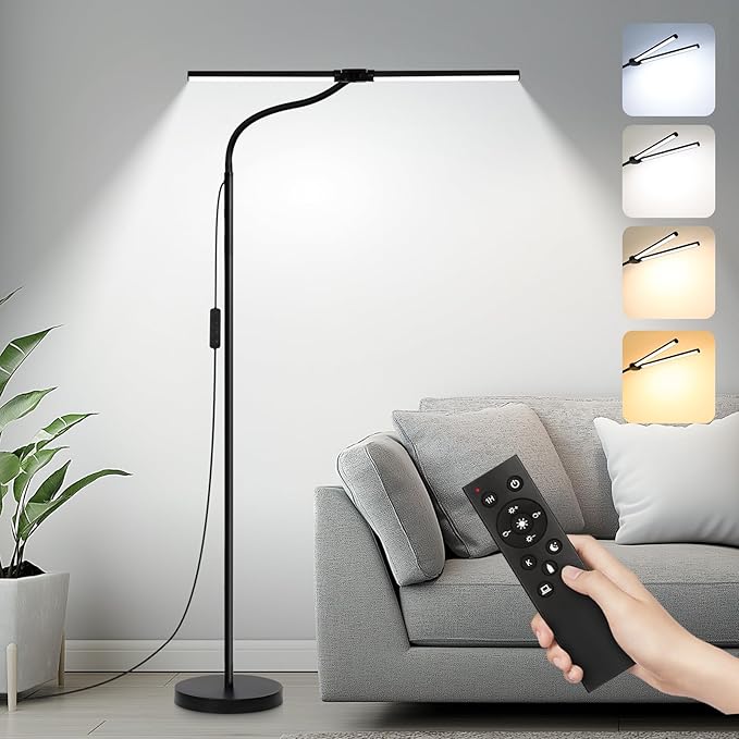 LED Floor Lamp with Remote Control, Bright 18W Floor Lamps for Living Room with Double Head, Adjustable Gooseneck Standing Lamp, Eye Caring Reading Light for Eyelash Extetions Craft Office