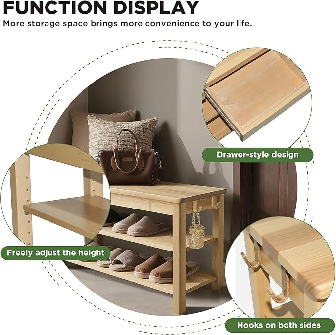 Wood Shoe Bench Entryway with Drawer: 2-Tiers Wooden Storage Shoe Rack with Bench Seat, Compact Mid-Century Modern Design for Entryway, Hallway, Closet, Front Door Entrance, Foyer