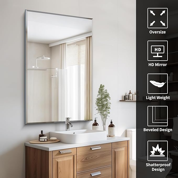 Beveled Bathroom Mirror, 30x48 Inch Large Frameless Mirrors for Wall, Upgraded Shatterproof Beveled Frameless Vanity Mirror for Bathroom,Bedroom,Living Room and Entryway