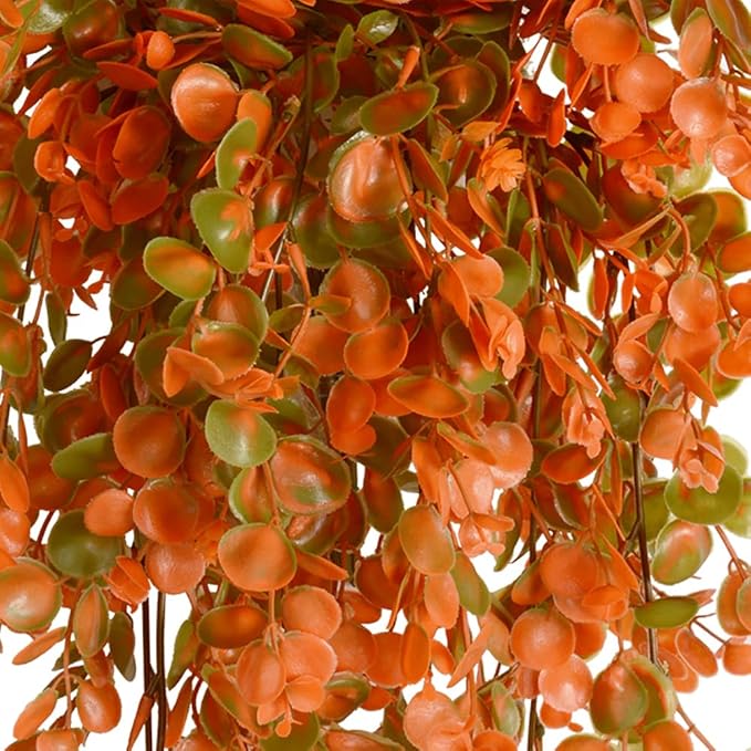 2pcs Artificial Hanging Fall Plants Fake Hanging Plant Faux Eucalyptus Leaf Greenery Vine Outdoor UV Resistant Plastic Plants (2, Fall Orange)