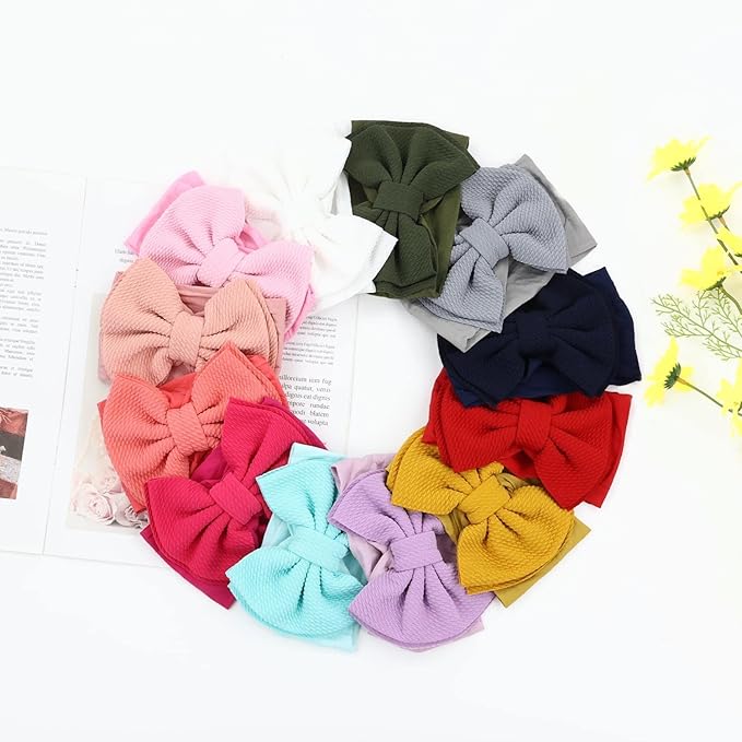 Cinaci 12 Pack Super Stretchy Nylon Headbands with Big Bow Hair Accessories Wide Headwraps for Baby Girls Infants Toddlers Kids