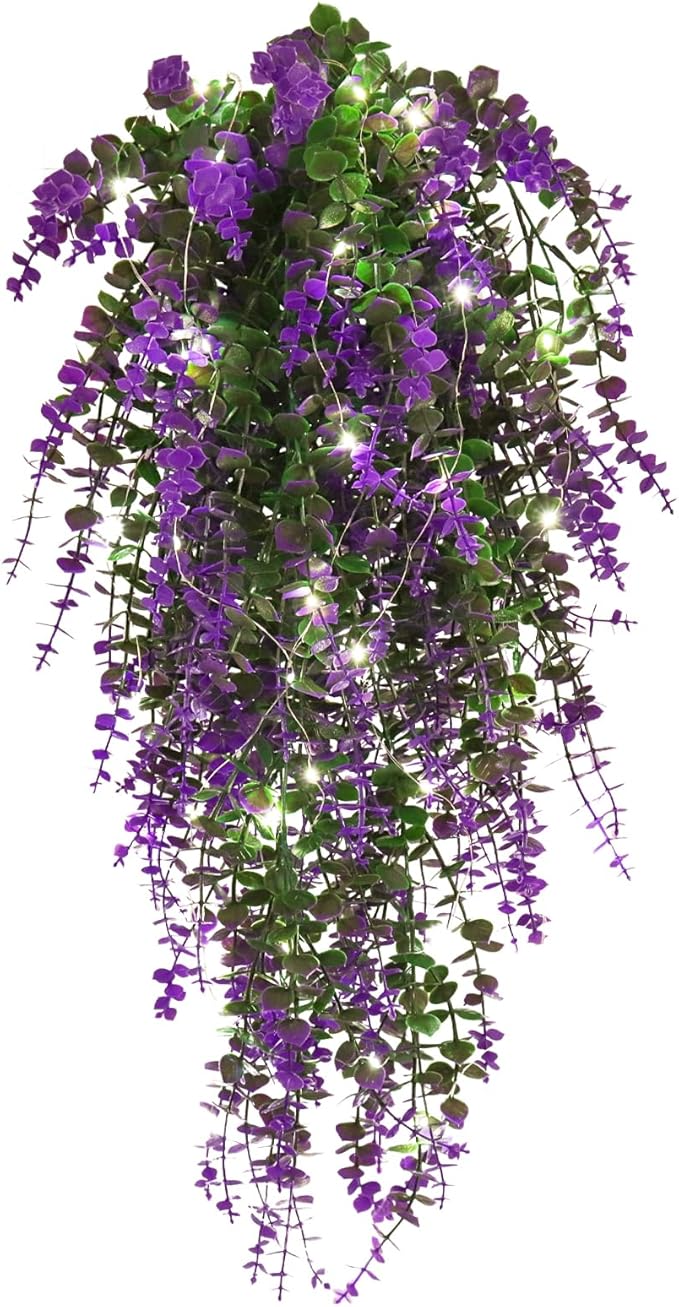 Artificial Hanging Plants with Lights Fake Monkey Plants Wall Decor Fake Outdoor Hanging Plants Hanging plants for Room Wedding Proch Yard Outdoor Home Wall Kitchen Bathroom Indoor Decoration(Purple)