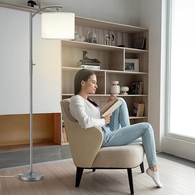 Dimmable Floor Lamp, Arc Floor Lamps for Living Room, Stepless Dimming Modern Standing Lamp with Linen Shade, Tall Lamp for Bedroom Office Dining Room- Grey
