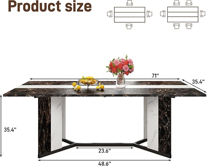 71 inch Dining Table for 4 5 6 | Modern Black Rectangular Kitchen Table W/Waterproof Wood Tabletop,Farmhouse Long Dining Room Tables W/Adjustable Legs&Wood Strip Base for Kitchen Living Room