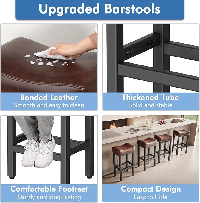 29 Inch Bar Height Bar Stools Set of 2, 29" Barstools for Kitchen Island Counter, Backless Bonded Leather Bar Height Stools with Thick Saddle Seats & Heavy Duty Metal Base, Easy Assembly, Brown/Black