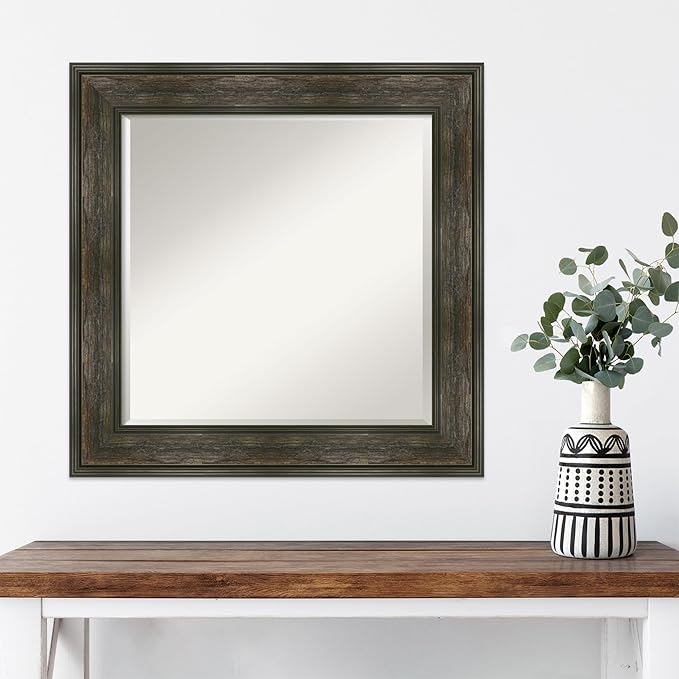 Amanti Art Brown Wall Mirror 26x26 Rail Rustic Char Square Bathroom Mirror for Wall Decor Living Room, Medium Country Rustic Frame, Hangs Horizonally and Vertically, Bathroom Decor, Beveled Edge