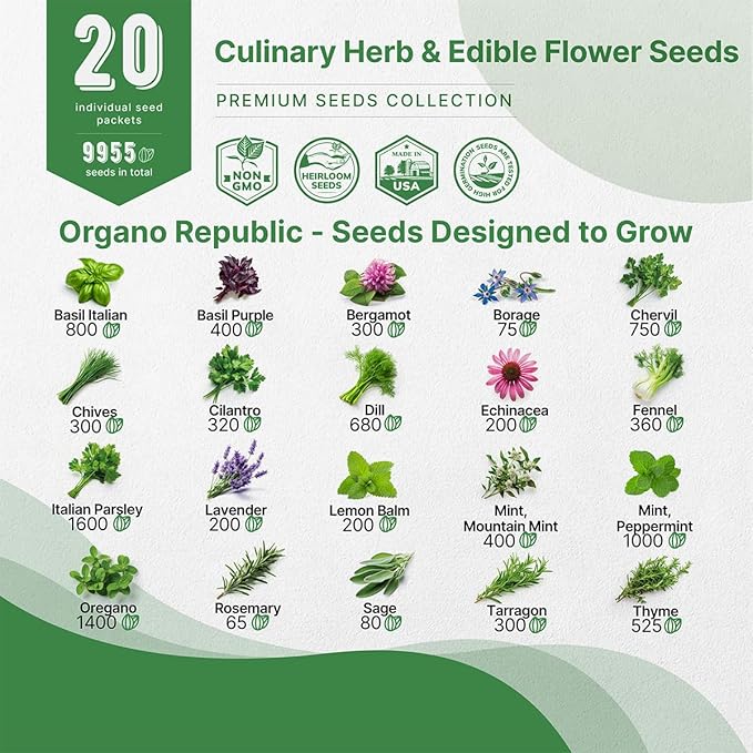 20 Culinary Herbs & Edible Flower Seed Variety Pack for Planting Indoor & Outdoors. 9500+ Non-GMO Heirloom Flower Seeds: Basil, Borage, Echinacea, Lavender, Oregano, Rosemary Seeds & More