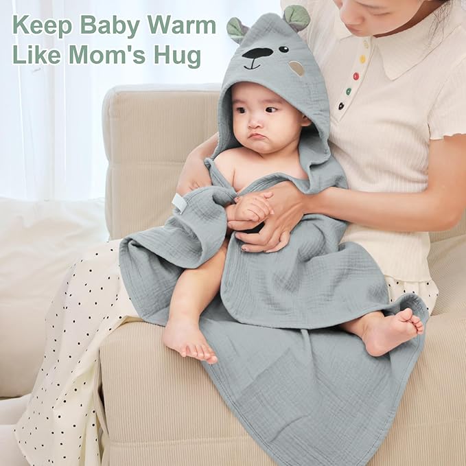 FIOBEE Hooded Baby Towels 100% Muslin Baby Bath Towels for Newborn with Animal Design Ultra-Soft and Absorbent Bath Essentials for Toddler, Unisex Girls Boys 30 x 30 inch, Gray Bear