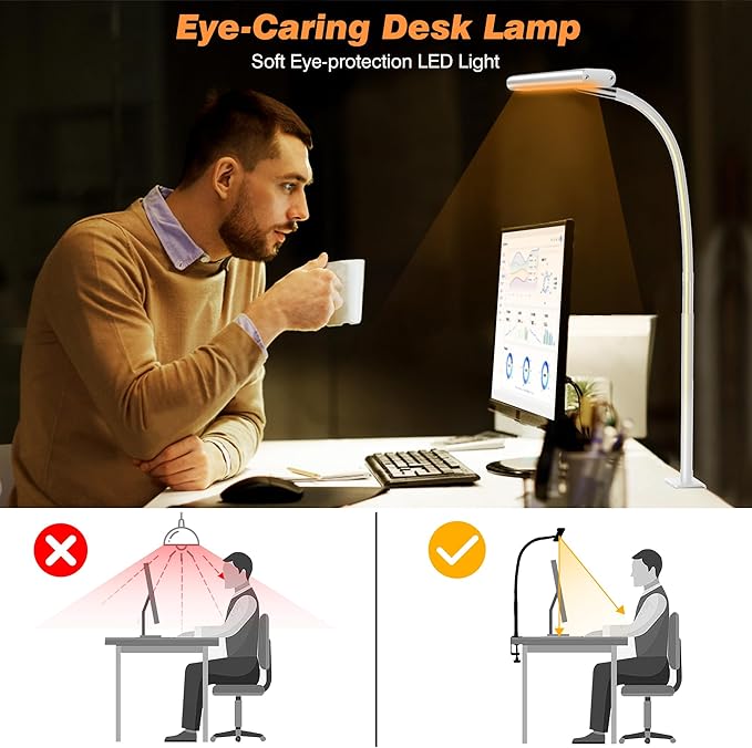 Airlonv LED Desk Lamp for Office Home, Eye-Caring Desk Light with Stepless Dimming Adjustable Flexible Gooseneck, 10W USB Adapter Desk Lamp with Clamp for Reading, Study, Workbench (White)