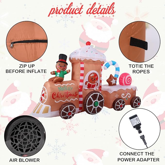 VCUTEKA Christmas Inflatables Gingerbread Outdoor Decorations - 8FT Inflatable Gingerbread Man in Gingerbread House Train Christmas Blow Up Yard Lighted for Holiday Garden Lawn Xmas Decor