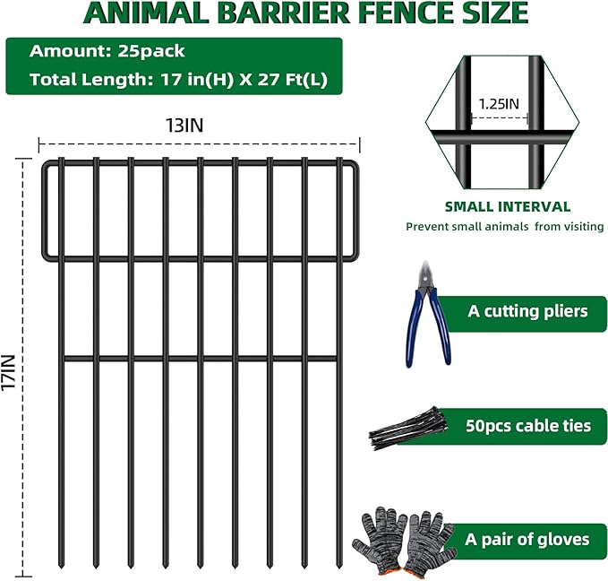 25 Panels Garden Fencing Animal Barrier, 17in (H) X 27ft (L) No Dig Dog Fence, 1.25 in Gap Fence Border for Dogs Rabbits, Rustproof Metal Decorative Fences Blocker for Outdoor, Yard, Patio