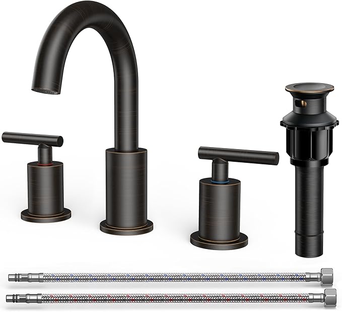 FORIOUS Oil Rubbed Bronze Bathroom Faucet 3 Hole, 8 Inch Widespread Bathroom Sink Faucet Bronze with Pop Up Drain, 3 Piece Vanity Faucet ORB with 24" CUPC Supply Hoses, 6" to 10" Sink Restroom Remodel