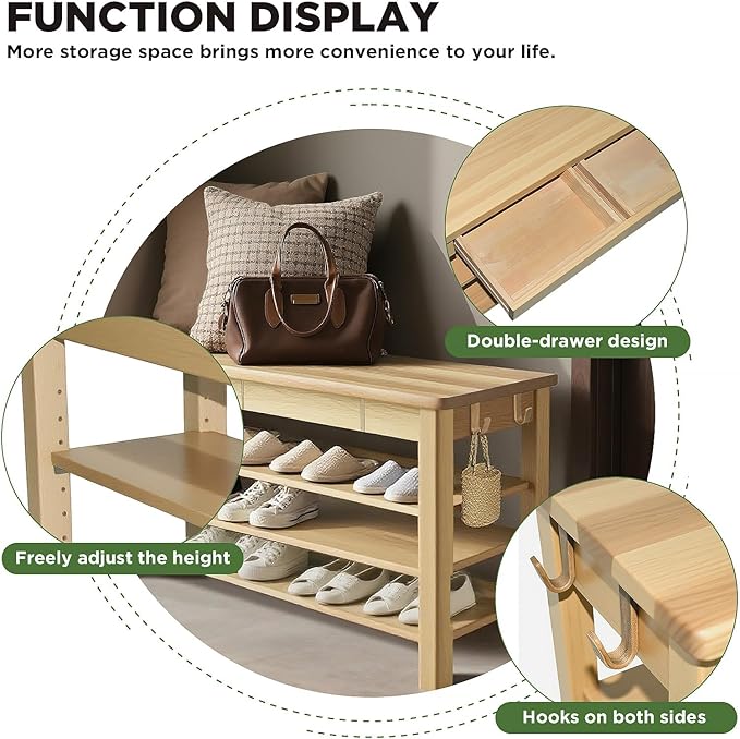 Wood Shoe Bench Entryway with Drawer: 3-Tiers Wooden Storage Shoe Rack with Bench Seat, Compact Mid-Century Modern Design for Entryway,Hallway,Closet,Front Door Entrance,Foyer Natural 39.3"