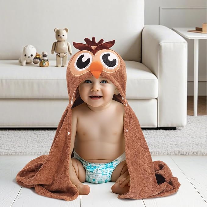 Baby Hooded Towels for Boys 0-5 Years,Ultra Thick Soft & Absorbent Towel for Toddler Boy, 50 x 32 Inches Large Size Coral Fleece with Animal Hood and Buttons, Brown Owl