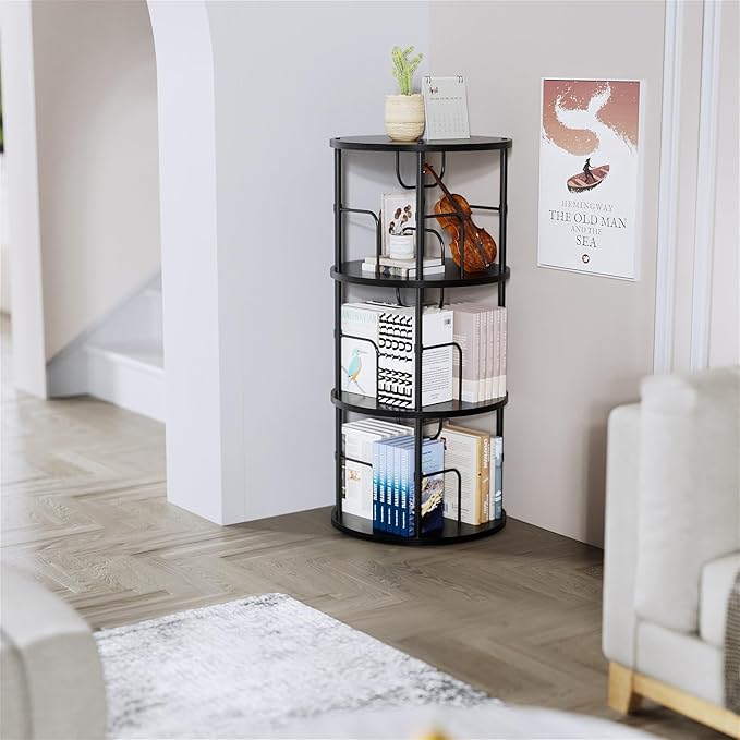 Rotating Bookshelf, 3 Tier Round Revolving Bookcase with Special Visible Partition Storage, 360° Display Spinning Small Bookshelf Tower Book Shelf Organizer for Bedroom, Small Space, Black