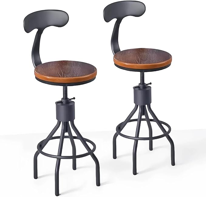 Set of 2 Industrial Bar Stools with Backrest 23-33inch Swivel Wooden Seat Kitchen Island Dining Chair Counter Stool Height Adjustable