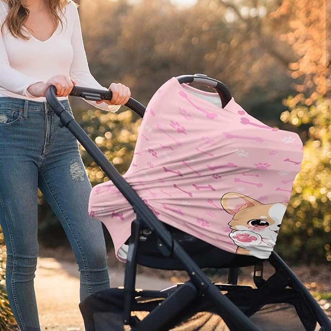 Biyejit Pink Corgi Baby Car Seat Cover, Infant Carseat Canopy, Nursing Breastfeeding Cover, Stretchy Carrier Covers for Stroller/Shopping Cart, Newborn Registry & Shower Gift for Boys Girls