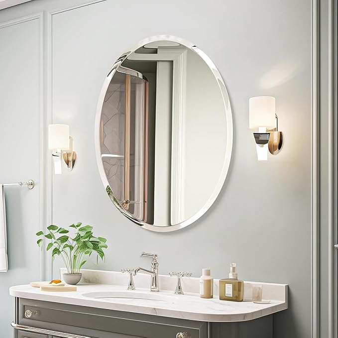 KOHROS Bathroom Mirrors for Over Sink - Oval Frameless Mirror - Beveled Polished Wall Mirror for Bathroom, Vanity, Bedroom (18" W x 24" H Oval)
