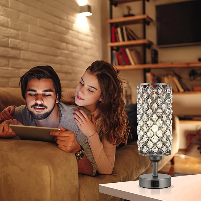 Hong-in Gray Crystal Table Lamp - 3-Way Dimmable Touch Control, Bedside Lamp with USB C and A Ports, Nightstand Light for Living Room, Bedroom, Home Office (Bulb Included)