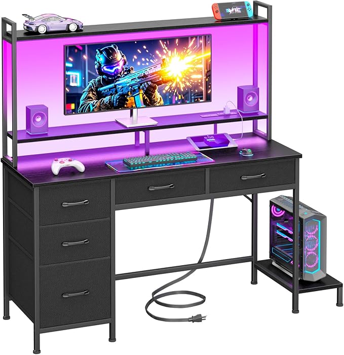 Computer Gaming Desk with Hutch, Home Office Desk with Power Outlets, LED Light, 5 Storage Drawers, 2 Tiers Shelves for Display, 47 Inch Modern Study Writing Table for Bedroom, Black