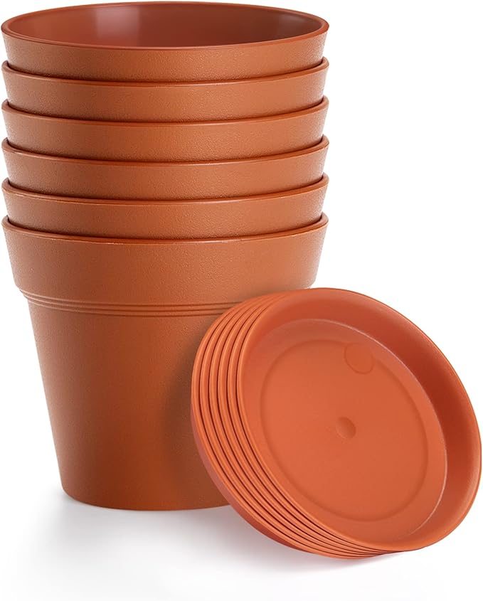 6 Pack Plastic Plant Pots with Drainage Holes and Tray, 7 inch Thickened Indoor Planters Seedlings Nursery Pots for Flowers, African Violet, Succulent and All House Plants, Terracotta