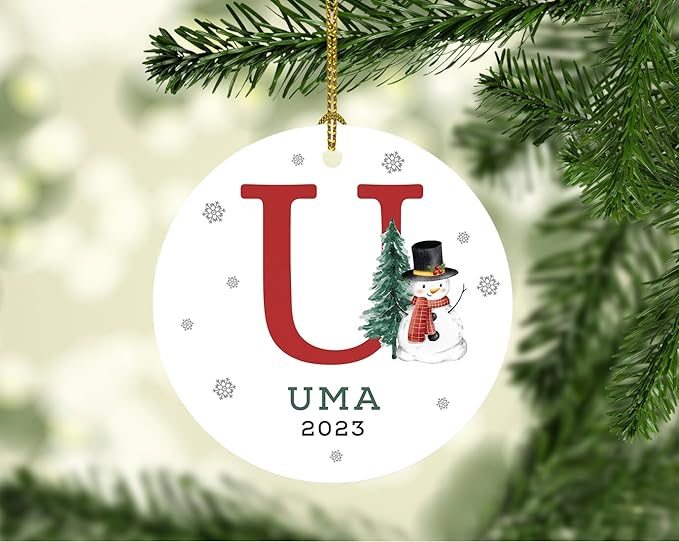 Andaz Press Personalized Ornament, Custom Name, Initial U Monogram Snowman 2.8" Ceramic Porcelain 2025 Christmas Ornament Keepsake for Kids, Boys, Girls, Includes Gold Ribbon & Gift Box, 1-Pack