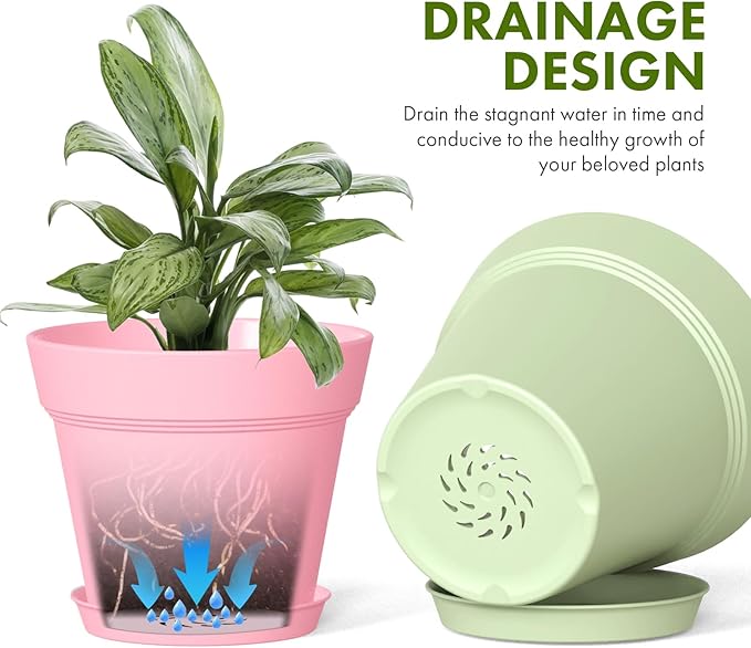 7 Inch Thick Plastic Plant Pots with Drainage Holes and Trays – 6 Pack Nursery Pots for Indoor & Outdoor House Plants, Seedling Starter Planters for Garden Flowers, Colorful