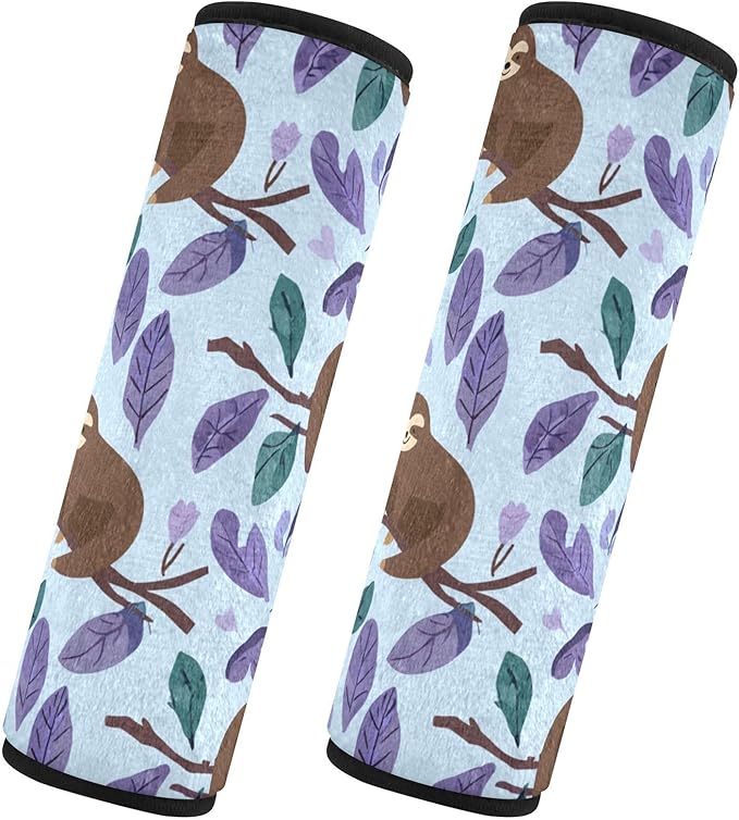 2 Pack Seatbelt Covers Seat Belt Cover Pad for Adults Boys Girls Car Seat Strap Covers Pads Cushion Universal Shoulder Strap Pad Protector for Backpack Camera Bag 10x7.7Inch Cartoon Sloths Branch Purp