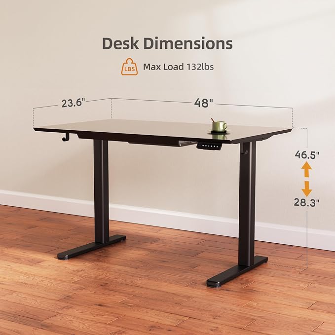 INNOVAR Glass Standing Desk with Drawers, 48×24 Inch Adjustable Stand Up Desk, Quick Install Home Office Computer Desk, Black