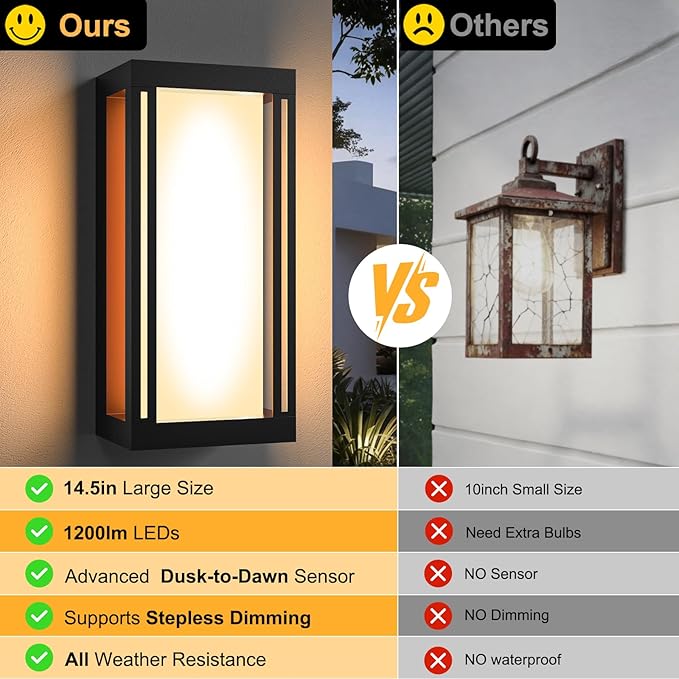 Dusk to Dawn Outdoor Wall Sconce, 3000K LED Outdoor Wall Lights Fixture for Patio, Waterproof Wall Mount Outside Light, 14.5in Outdoor Lanterns for Home, Porch, Front Door, 1 Pack