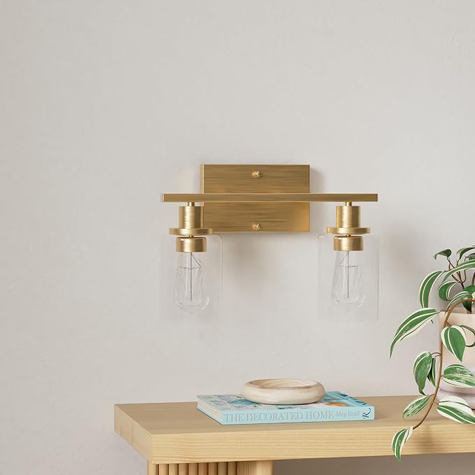 ShineTech 2-Light Gold Bathroom Vanity Fixtures, Modern Wall Lighting with Clear Glass, Brushed Brass Wall Sconce Light for Mirror, Living Room