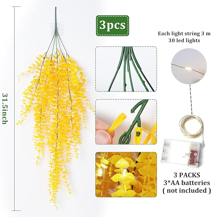 Hanging Plants Indoor Artificial Grass Fake Faux Hanging Plants Outdoor Artificial Plant Wall for Indoor Home Room Wall Outdoor Garden Party Proch Wedding Backyard Arch Decoration(Pure Yellow)