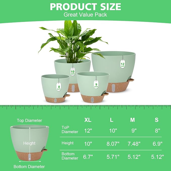 12" 10" 9" 8" Self Watering Pots with Water Level Indicator, Large Plastic Planters Set with Mesh Drainage Hole and Removable Saucer Reservoir, Big Flower Pot for Indoor Outdoor Plants (Green)