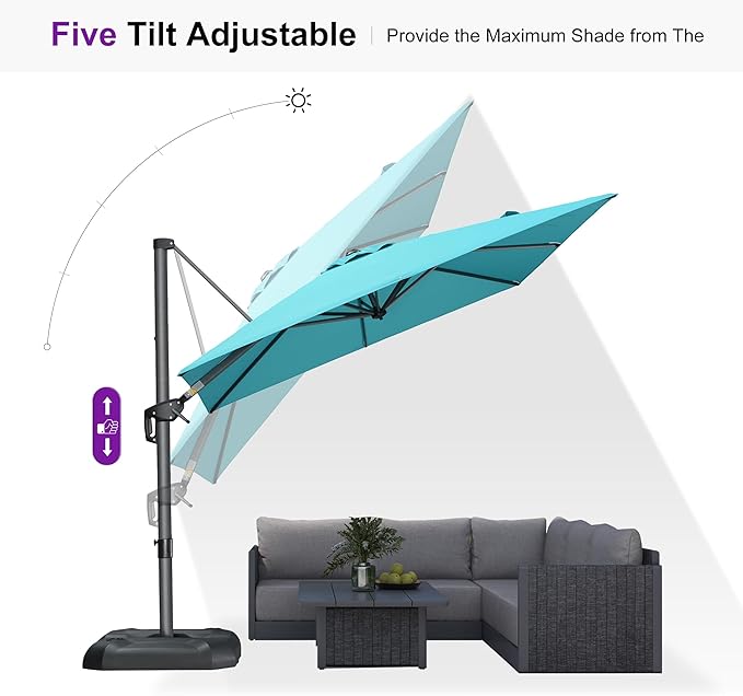 PURPLE LEAF 8 Feet Square Cantilever Umbrella Patio Umbrella with Base Outdoor Umbrella Aluminum Offset with 360-degree Rotation for Garden Deck Pool Patio, Turquoise Blue