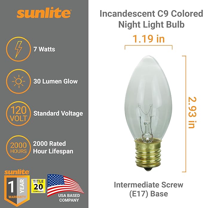 Sunlite Incandescent C9 Colored Night Light Bulb, 7 watts, 120 Volts, Intermediate E17 Screw Base, 2000 Rated Hours, Christmas-Lights Nightlight, Clear, 25 Pack