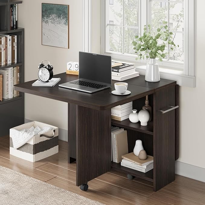 IDEALHOUSE Folding Dining Table, Drop Leaf Dining Table with 6 Wheels and 2-Layer Storage Shelf, Space Saving Dining Table for Small Spaces (Dark Walnut, 47.2" D x 23.6" W x 29.5" H)