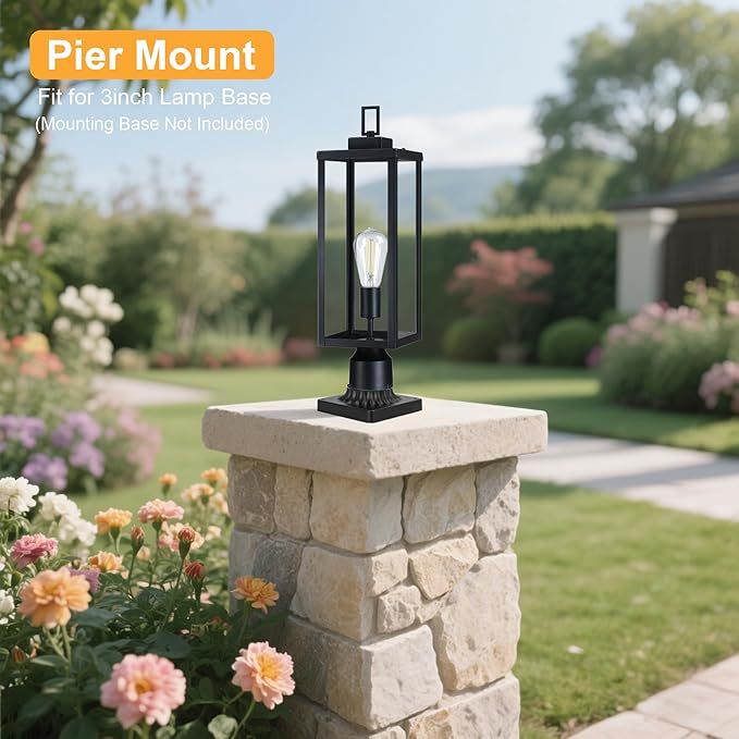 GRUENLICH Outdoor Lamp Post Light Fixtures, Exterior Pole Lantern with Tempered Glass, 20.5 Inch Fence Post Lighting for Garden Yard Pathway, Black, 2 Pack