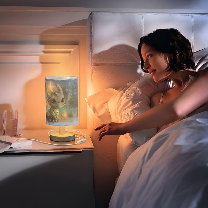 Table Lamp Watercolor Dragon Baby Animal Nightstand Lamp with Wood Base Fabric Lamp Shade Bedside Desk Lamp for Living Room Bedroom Kids Room Office