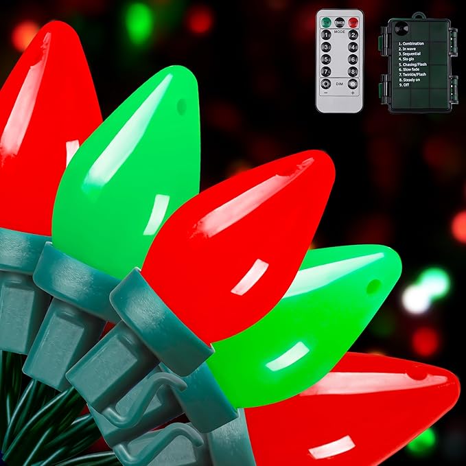 RECESKY C7 Bulbs Christmas String Lights with Remote - 50 LED 26ft Battery String Lights - Fairy Christmas Lighting for Patio Decor Eave Roofline Holiday Festival Christmas Eve Decorations - Red Green