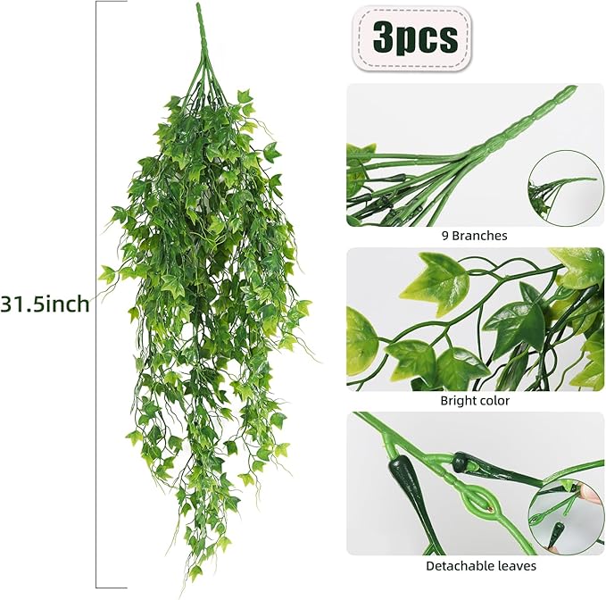 RECUTMS Artificial Plant Faux Plant Ivy Greenery Fake Hanging Plants Faux Greenery Plant Fake Ivy Leaf UV Resistant for Indoor Home Decor Outdoor Garden Yard Porch Wall Decoration 3 Packs（Green）