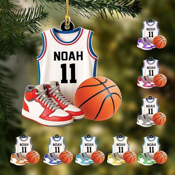 Famitrendz Custom Basketball Christmas Ornaments 2025, Custom Name Basketball Acrylic Christmas Tree Decorations, 2D Flat Baller Ornaments for Tree 02