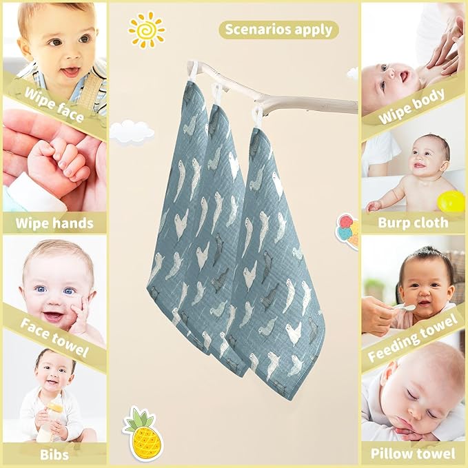 Newborn Face Towel Seal Soft Cotton Baby Washcloths 11.8 x 11.8 Inch Infants Girls Boys Muslin Burp Cloths 5 Pack