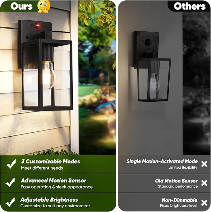 Upgraded Motion Sensor Outdoor Wall Light, 10.6” Small Dusk to Dawn Porch Light Wall Sconce Lantern, 3 Lighting Modes Exterior Lighting Fixture, Outside Light for House Front Door Garage, Black