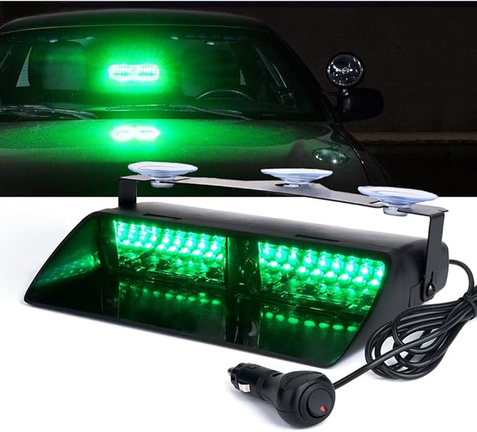 Xprite Green LED Emergency Dash Strobe Light, Interior Windshield Safety Warning Traffic Lights w/Suction Cups, 12V Windshield Visor Light Bar for Postal Law Enforcement Volunteer POV Vehicles Trucks