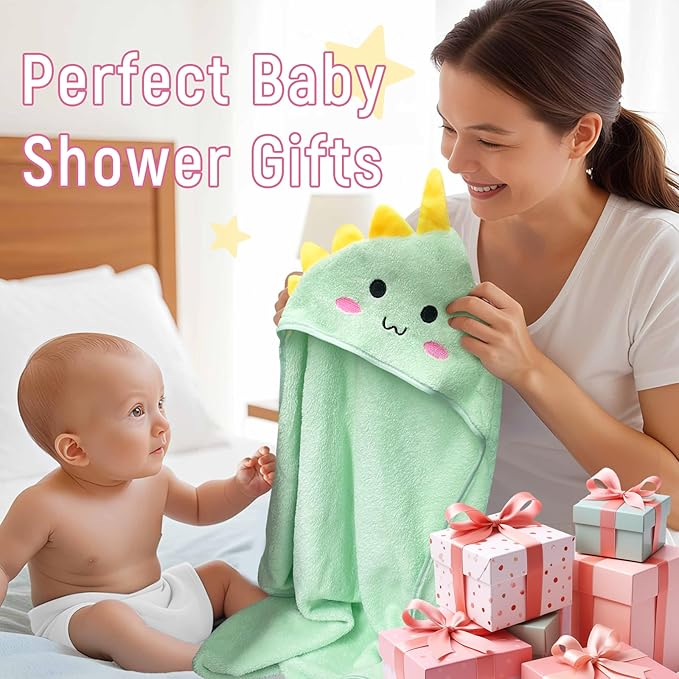 Personalized Baby Towels Hooded with Name, Custom Toddler Coral Velvet Fleece Bath Towel with Hood for Girl Boy, Customized Newborn Gifts - Printed (Green Dinosaur)