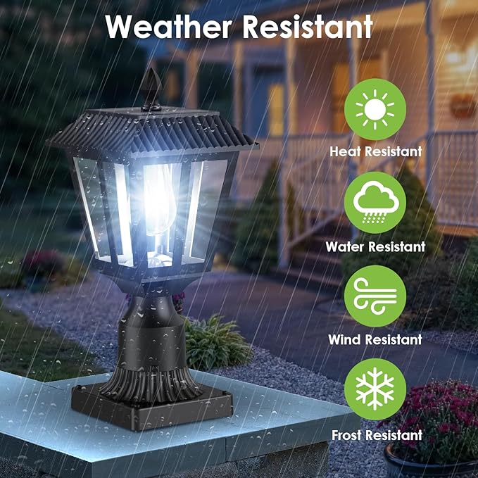 Greluna Solar Post Lamp Lights, 2 Pack 6000K Dusk to Dawn Solar Light with Pier Mount Base, Post Lights Outdoor Waterproof for Garden Yard Landscape Pole Pillar, Outside Decorative Lamp