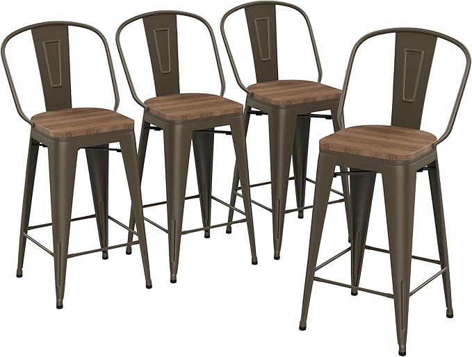 Yongqiang 30 inch Metal Bar Stools Set of 4 Bar Height Stools Kitchen Island Barstools High Back Bar Chairs with Large Wooden Seat Industrial Rusty