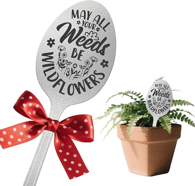 CUTHOLLOW Garden Plant Marker All Your Weeds Be Wildflowers, 2pc Metal Spoon Labels for Outdoor Waterproof - Friendship Gifts for Gardeners Woman - Decorative Garden Plant Tags