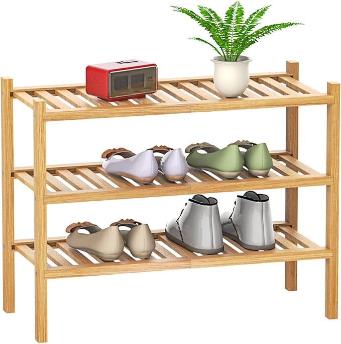 Shoe Rack 3-Tier Organizer-Stackable Storage Shelf with Multi-Function Combinations-Free Standing Bamboo Shoe Racks for Closet,Entryway,Hallway,Bathroom,Living Room Shoe Organization (Natural,3-Tier)