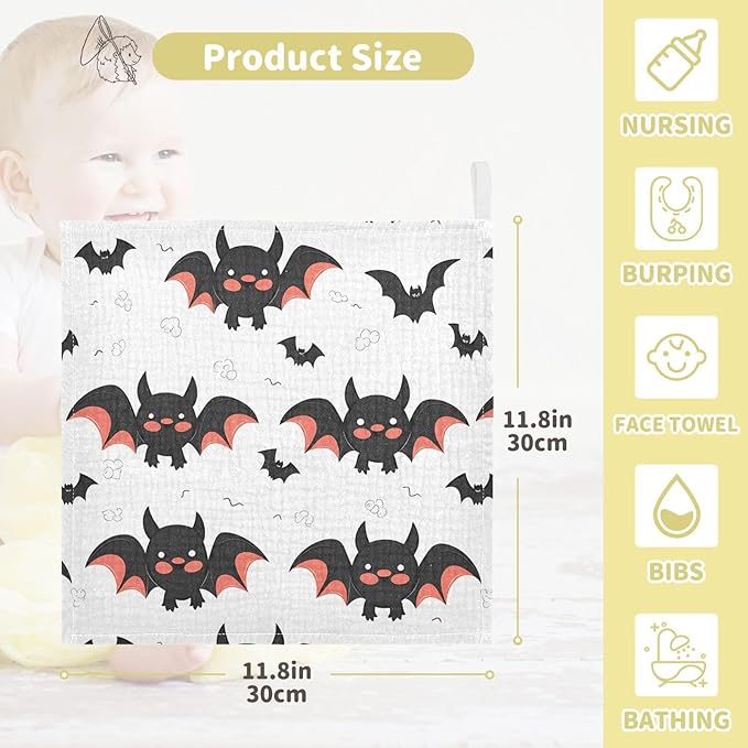 vvfelixl Cute Bats Cartoon Baby Burp Cloths Baby Muslin Washcloths for Boys Girls Cotton Baby Face Towel for Newborn Infants Soft and Absorbent 11.8 X 11.8 in, 5 Pack